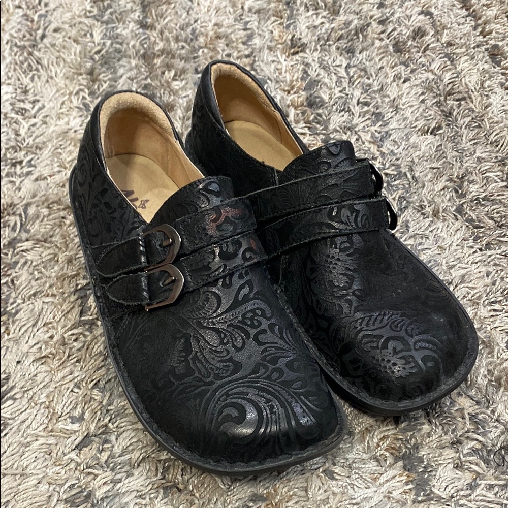 Alegria Black Embossed Leather Slip-On Loafers